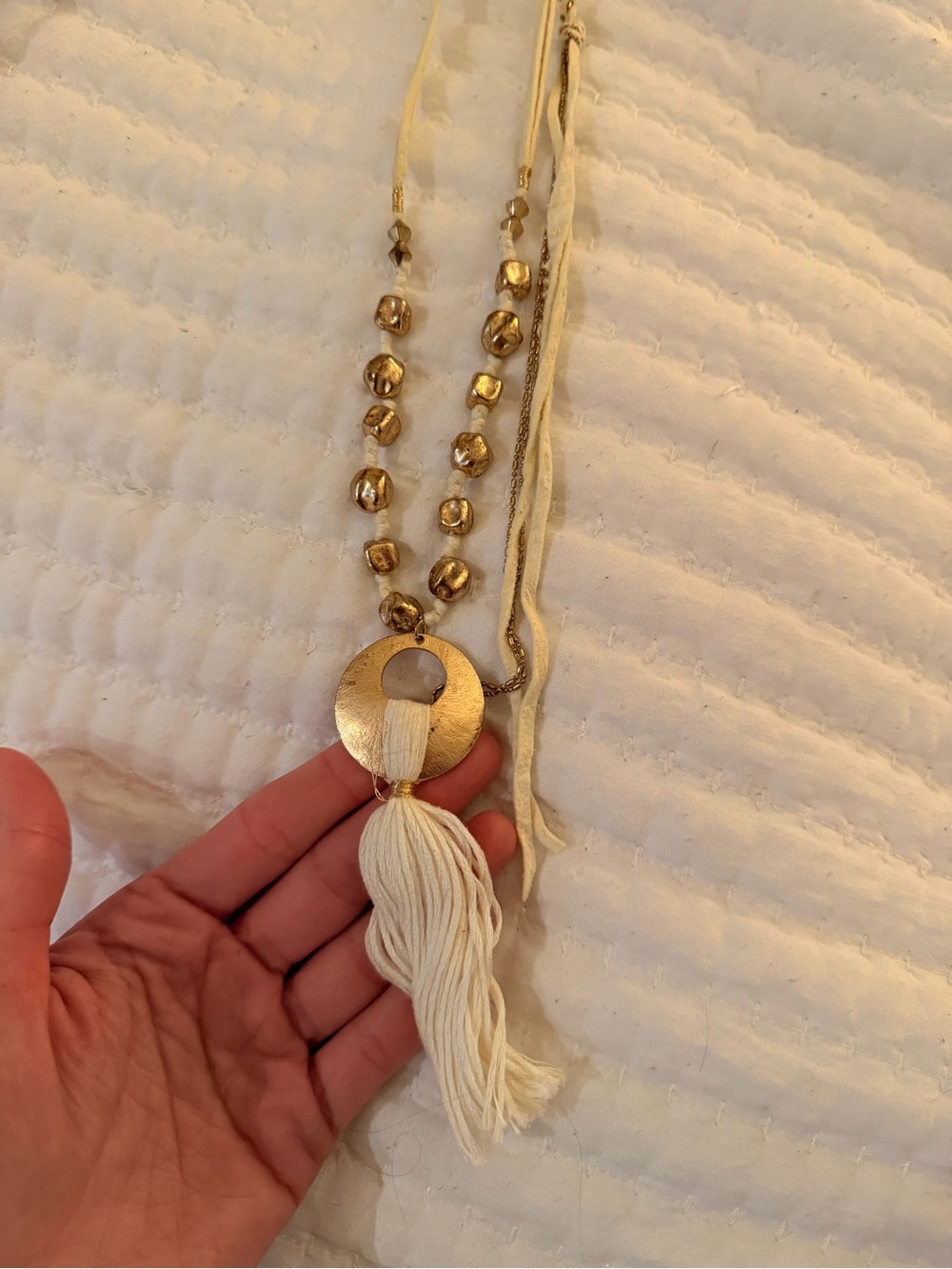 Free People Gold Disc Necklace with Cream Tassel